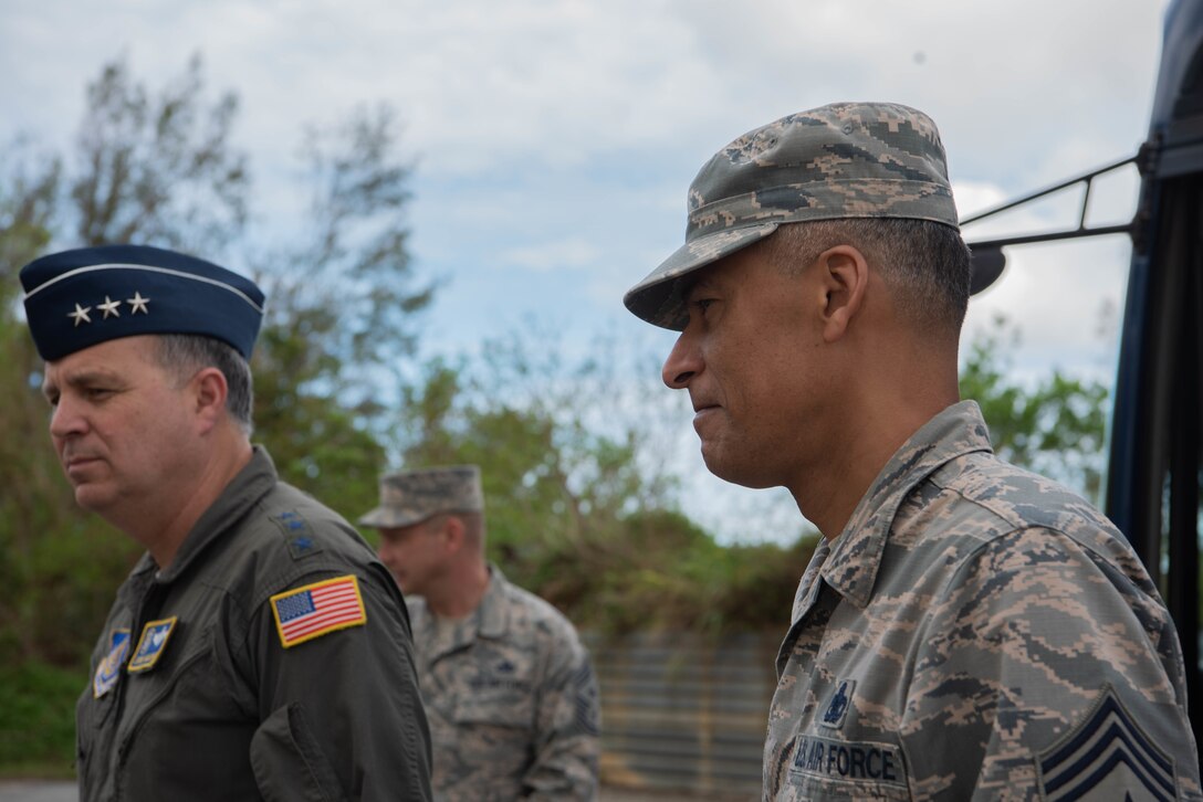 Lt. Gen. Jerry Martinez, U.S. Forces, Japan and 5th Air Force commander, observes the flight line from an air traffic control tower Oct. 16, 2018, at Kadena Air Base, Japan. Martinez visited Kadena Air Base with Chief Master Sgt. Terrence Greene, USFJ and 5th Air Force command chief, to observe the mission and engage the Airmen, spouses, and families of Team Kadena.  (U.S. Air Force photo by Senior Airman Kristan Campbell)