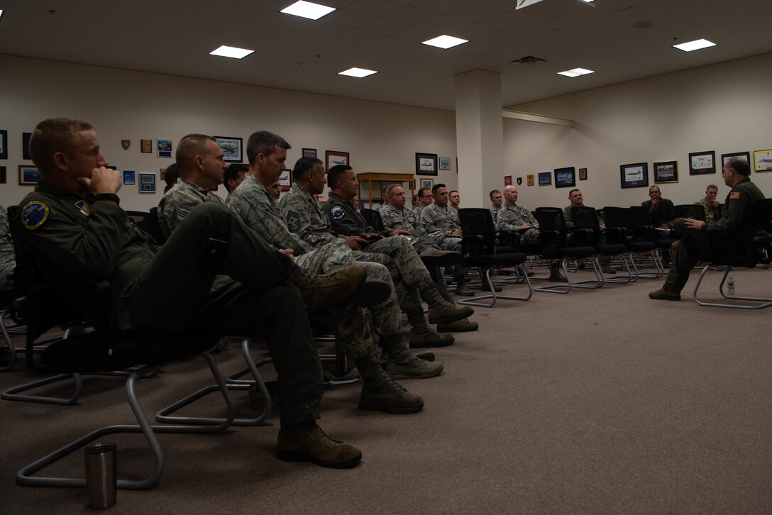 Lt. Gen. Jerry Martinez, U.S. Forces, Japan and 5th Air Force commander, observes the flight line from an air traffic control tower Oct. 16, 2018, at Kadena Air Base, Japan. Martinez visited Kadena Air Base with Chief Master Sgt. Terrence Greene, USFJ and 5th Air Force command chief, to observe the mission and engage the Airmen, spouses, and families of Team Kadena.  (U.S. Air Force photo by Senior Airman Kristan Campbell)