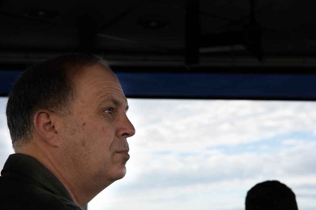 Lt. Gen. Jerry Martinez, U.S. Forces, Japan and 5th Air Force commander, observes the flight line from an air traffic control tower Oct. 16, 2018, at Kadena Air Base, Japan. Martinez visited Kadena Air Base with Chief Master Sgt. Terrence Greene, USFJ and 5th Air Force command chief, to observe the mission and engage the Airmen, spouses, and families of Team Kadena.  (U.S. Air Force photo by Senior Airman Kristan Campbell)