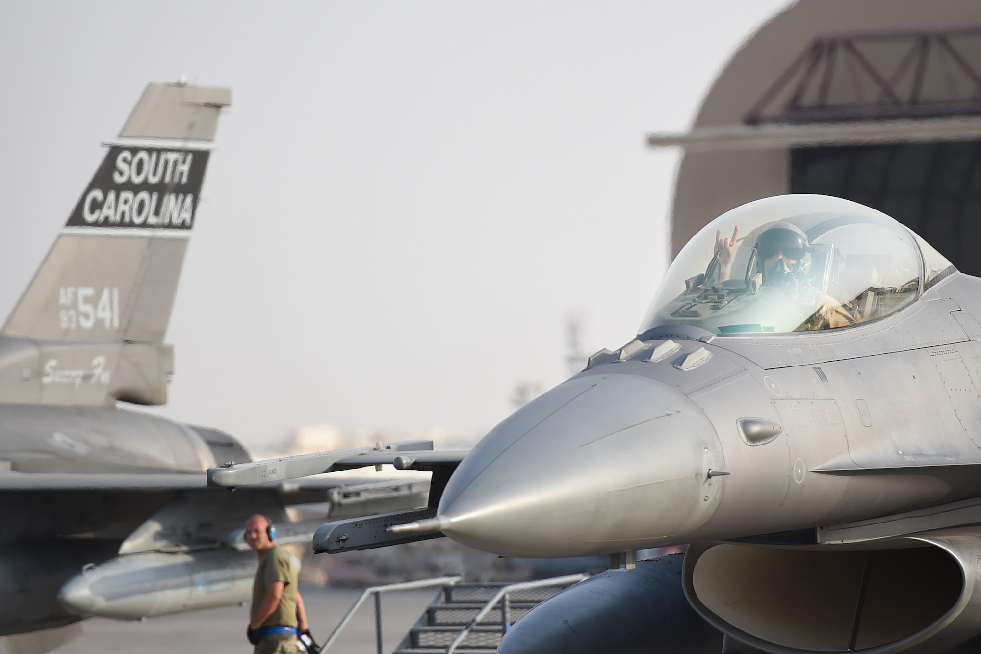 An F-16 Fighting Falcon prepares for takeoff
