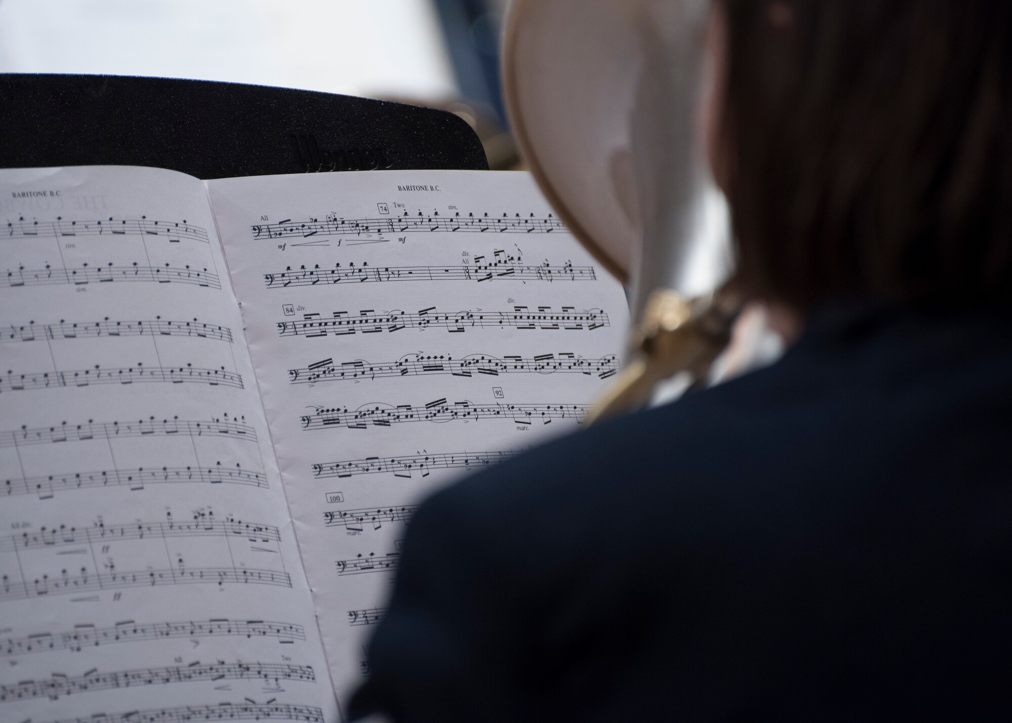 Senior Master Sgt. Jen Dayton Cox, U.S. Air Force Band musician, plays the euphonium at the V. Sue Cleveland High Concert Hall in Rio Rancho, N.M., Oct. 17, 2018. The band aims to inspire patriotism and service as well as honor veterans. (U.S. Air Force photo by Senior Airman Abby L. Richardson)