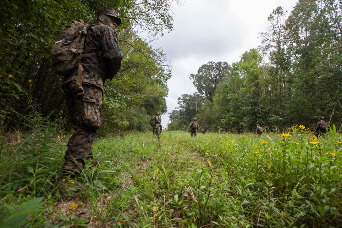 Naval Reserve Officers Training Corps Midshipmen from Tulane University, Southern University and Platoon Leadership Course, patrol a path during small unit leadership evaluations at Hopper Park, in Baton Rouge, La., October 20, 2018. Marines from Marine Forces Reserve, in New Orleans, assisted in the SULEs to provide experience and insight for midshipman to better prepare them for Officer Candidate School and for their future military careers. (U.S. Marine Corps photo by Cpl. Niles Lee)