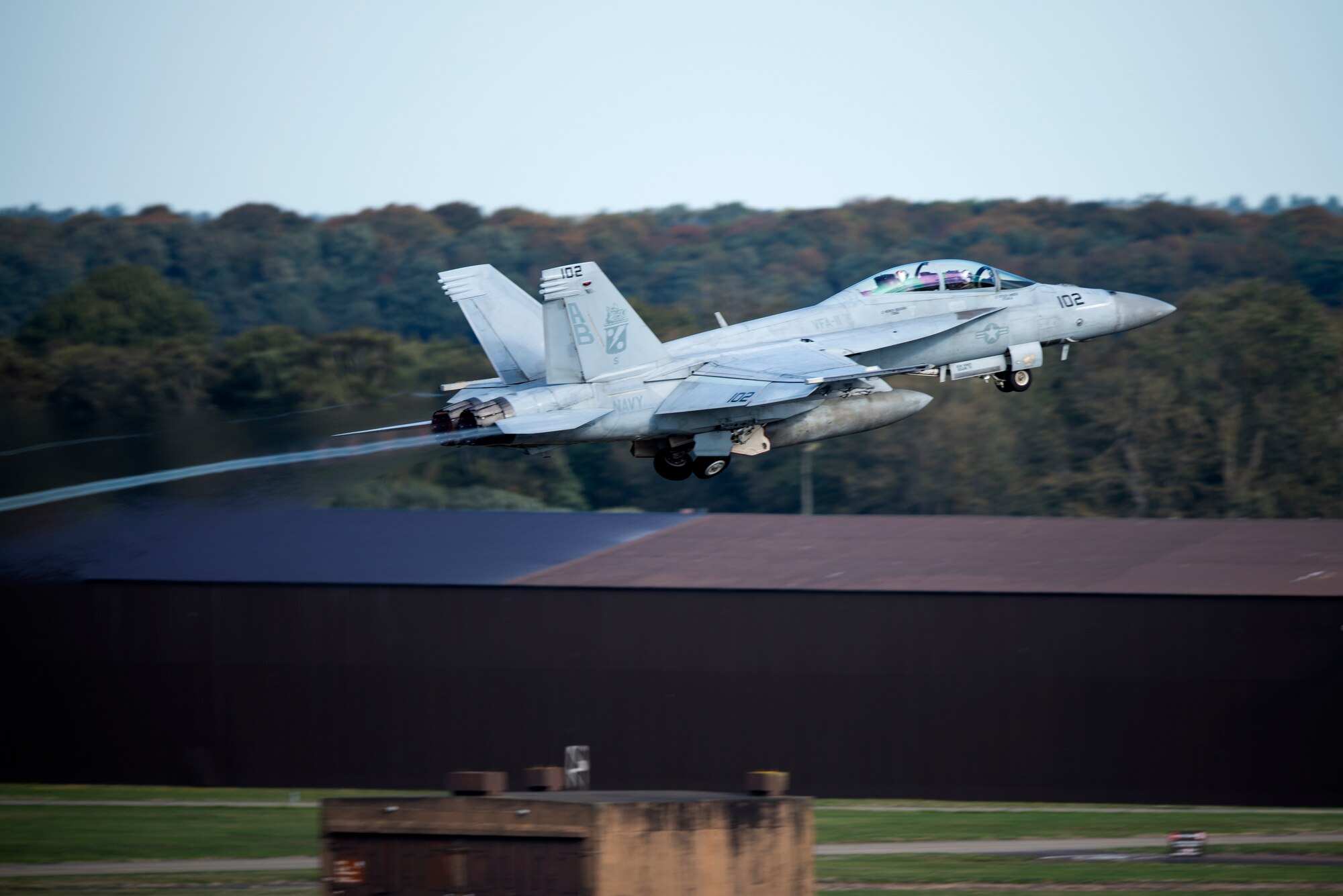An F/A-18F Super Hornet assigned to the Carrier Air Wing 1 (CVW-1), deployed from the Nimitz-class aircraft carrier USS Harry S. Truman (CVN 75) launches for a sortie Oct. 11, 2018, at Royal Air Force Lakenheath, England. The carrier is currently operating in the U.S. 6th Fleet area of operations, fostering cooperation with regional allies and partners, strengthening regional stability, and remaining vigilant, agile and dynamic. (U.S. Air Force photo/Senior Airman Malcolm Mayfield)