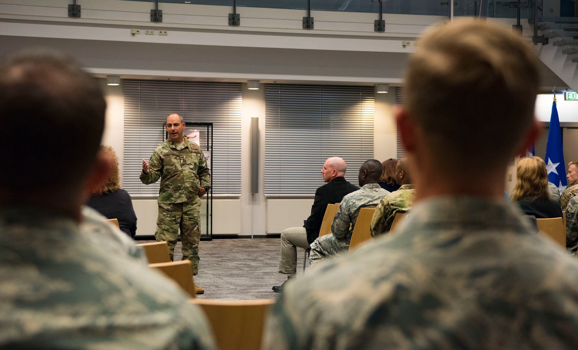 Lt. Gen. Jeffrey L. Harrigian, U.S. Air Forces in Europe and Air Forces Africa deputy commander, speaks 
to U.S. Airmen contracting professionals assigned across five different contracting organizations throughout the Kaiserslautern Military Community on Ramstein Air Base, Germany, Oct. 19, 2018. The command is supported by over 350 contracting professionals, located throughout Europe and Africa, and is comprised of officers, enlisted, U.S. government civil service members, and Local National employees.
