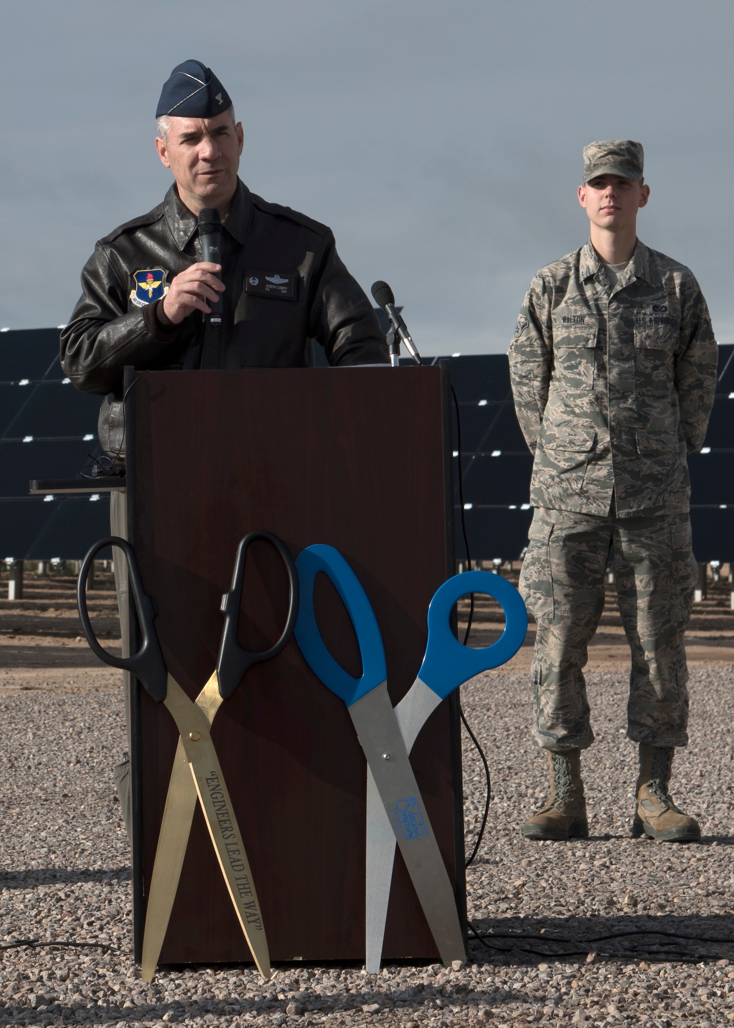 Col. Joseph L. Campo, 49th Wing commander, speaks at the solar array opening ceremony and ribbon cutting Oct. 19 on Holloman Air Force Base, N.M. The solar array increases Holloman's mission resiliency over the next 30 years to meet national directives. (U.S. Air Force photo by Airman 1st Class Kindra Stewart)