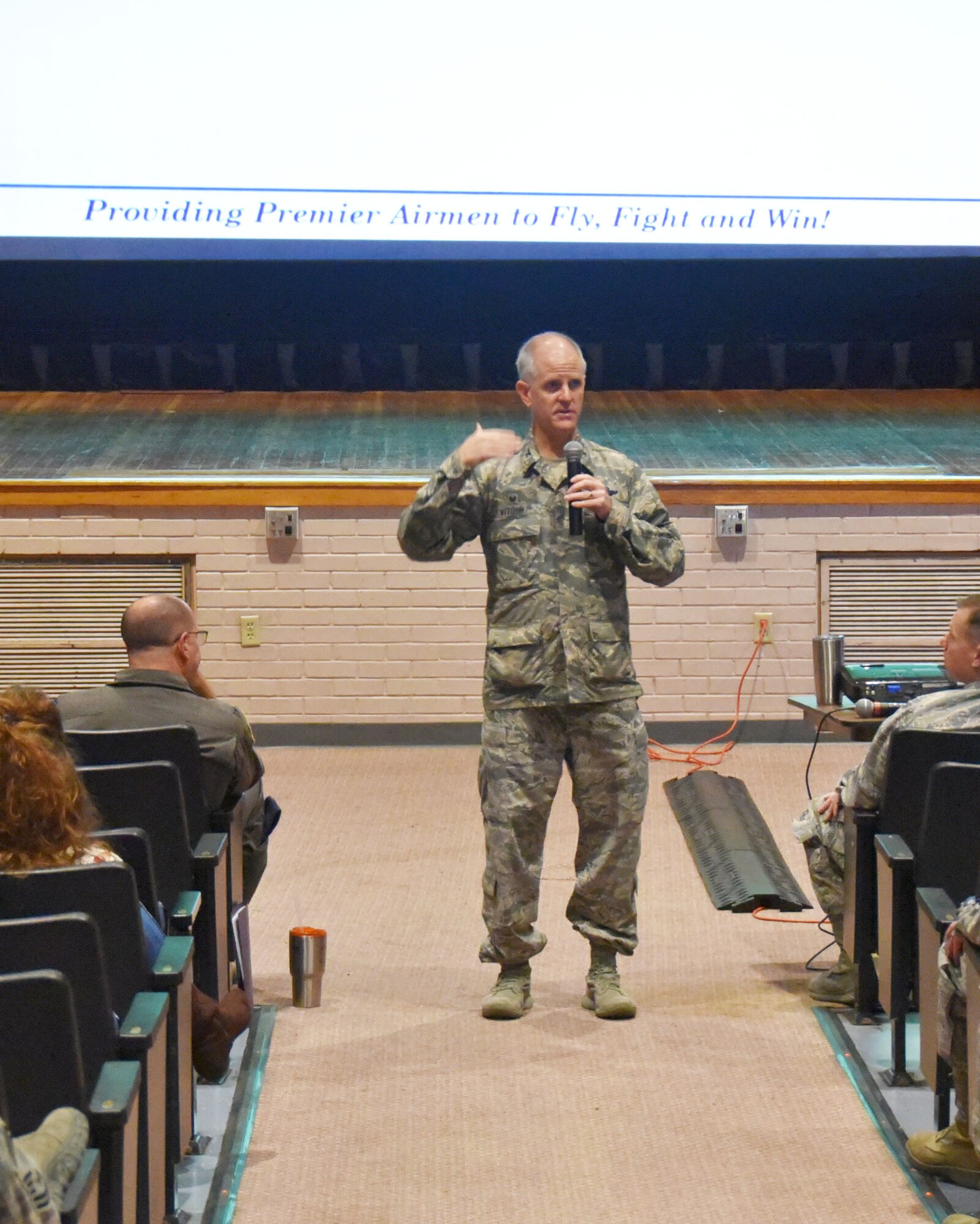 Col. Eric Vitosh, 931st Air Refueling Wing commander, speaks to Reservists and civilians of his unit during an all call here, Oct. 23, 2018, McConnell Air Force Base, Kan.  The all call was held to discuss the recent Unit Effectiveness Inspection, which occurred during the October Unit Training Assembly.