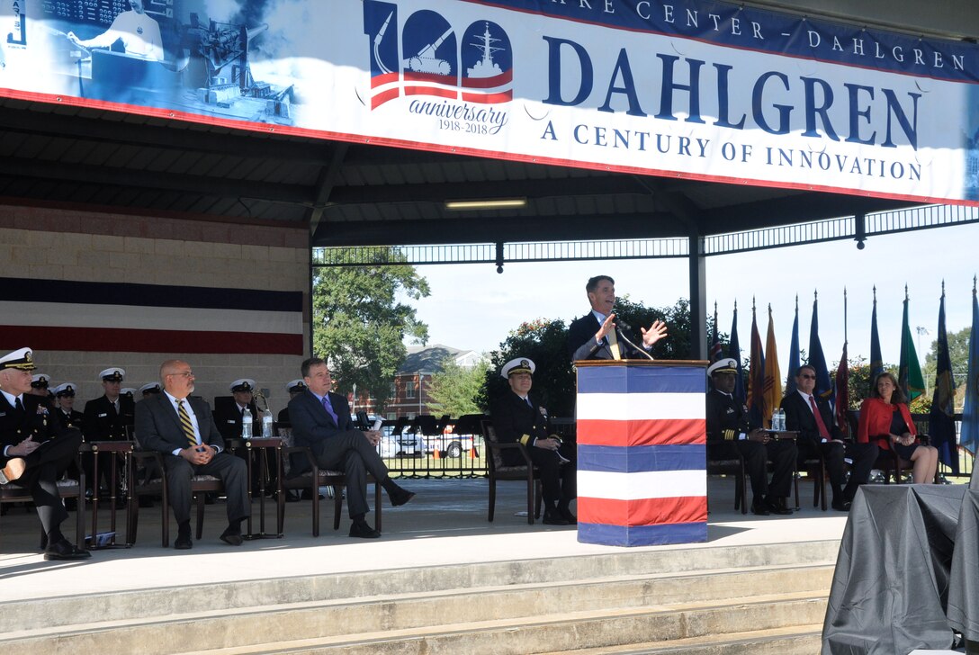 IMAGE:DAHLGREN, Va. (Oct. 19, 2018) – U.S. Representative Rob Wittman emphasizes the importance of doing more with available resources to increase technological capabilities than the adversaries of the United States can do with their resources. “Today, it’s about the creation and innovation that goes into doing more with what we have than anybody around the world,” said Wittman, while speaking at the NSWCDD centennial grand finale. “We have done that, we can do that, and we will continue to do that to make sure that our nation’s Navy, Marine Corps, Air Force, Army and indeed our Coast Guard, continue to be the greatest the world has ever known because we have the best and brightest men and women serving our nation both in uniform and here at the base in making sure that we have what we need to defend our nation’s interest.”