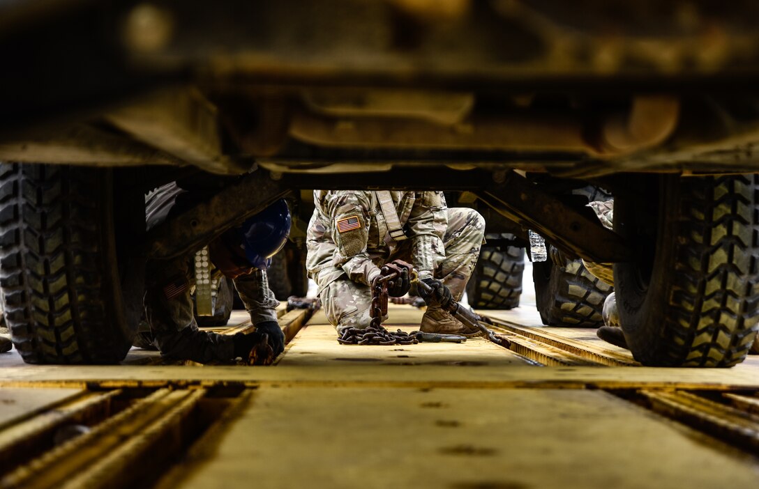 U.S. Army Soldiers from the 119th Inland Cargo Transfer Company, 11th Transportation Battalion, 7th Transportation Brigade (Expeditionary), conduct rail load operations during a training exercise at Joint Base Langley-Eustis, Virginia, Oct. 17, 2018.