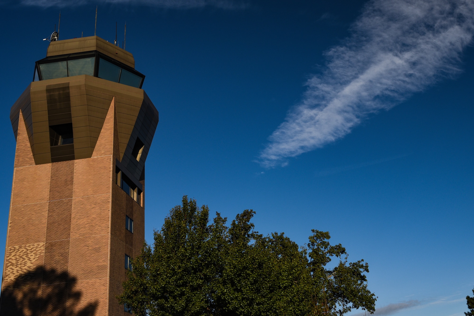 The 20th Operations Support Squadron air traffic control tower sits on the edge of the flightline at Shaw Air Force Base, S.C., Oct. 18, 2018.