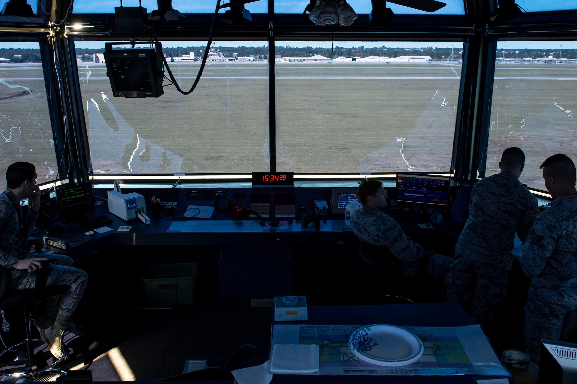 U.S. Airmen assigned to the 20th Operations Support Squadron air traffic control tower prepare for flights at Shaw Air Force Base, S.C., Oct. 22, 2018.