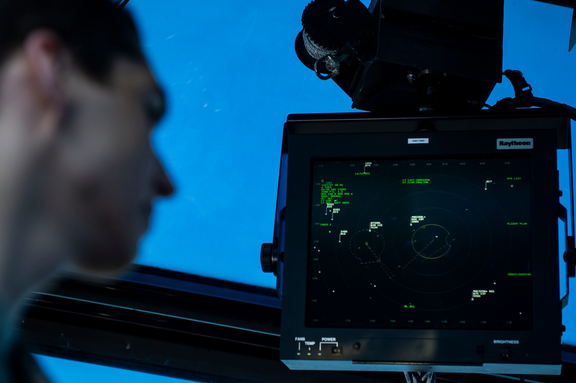 U.S. Air Force Airman 1st Class Timothy Johnson, 20th Operations Support Squadron air traffic controller, looks at a certified radar display system at Shaw Air Force Base, S.C., Oct. 22, 2018.