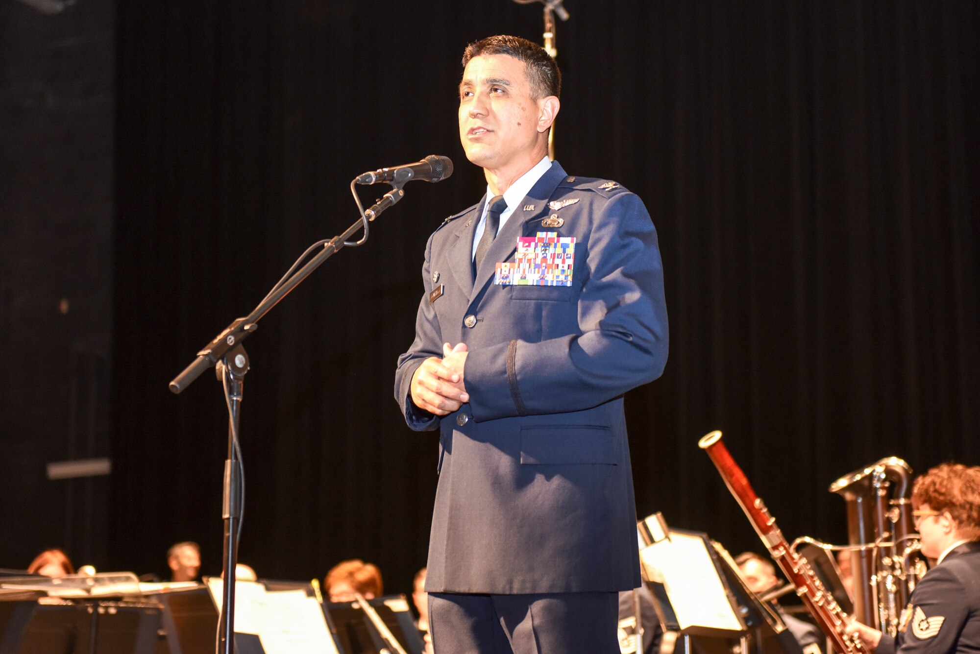 U.S. Air Force Col. Ricky Mills, 17th Training Wing commander, introduces the Air Force Concert Band and Singing Sergeants for their performance at the Murphey Performance Hall in San Angelo, Texas, Oct. 22, 2018. The Air Force Band travelled from Joint Base Anacostia-Bolling in Washington, D.C. on a 12-stop tour through Texas and New Mexico. (U.S. Air Force photo by Aryn Lockhart/Released)
