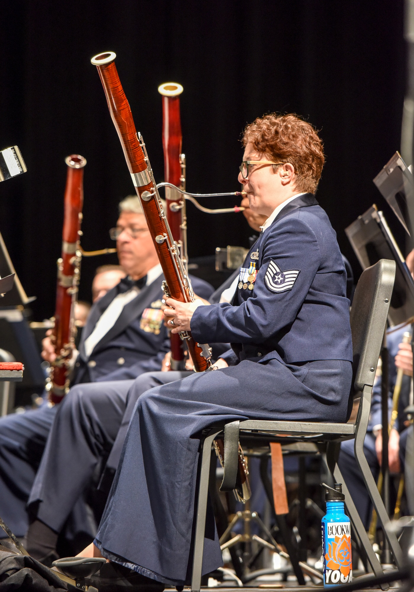 U.S. Air Force Tech. Sgt. Sandy Johnson, Air Force Concert Band premiere bandsman, plays the bassoon during the U.S. Air Force Band concert at the Murphey Performance Hall in San Angelo, Texas, Oct. 22, 2018. San Angelo was the seventh stop on their fall tour. (U.S. Air Force photo by Aryn Lockhart/Released)