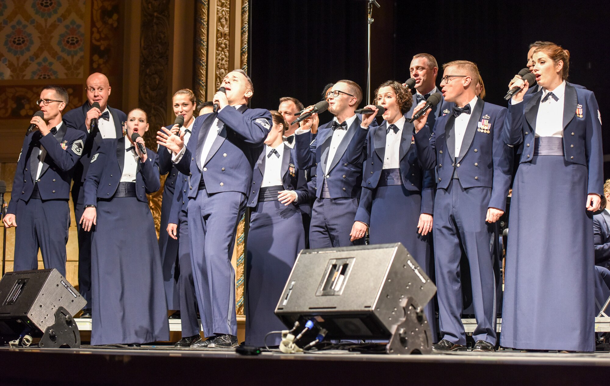 U.S. Air Force Singing Sergeants performs “Blue Skies” during the Air Force band concert at the Murphey Performance Hall in San Angelo, Texas, Oct. 22, 2018. The Singing Sergeants is the official chorus of the United States Air Force. (U.S. Air Force photo by Aryn Lockhart/Released)