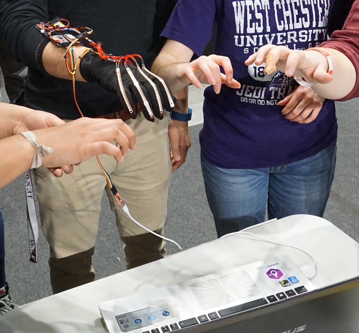 Students work on an air-keyboard project at a Bitcamp hackathon at the University of Maryland College Park.