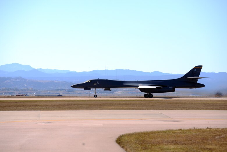 A B-1 takes off to participate in Combat Raider 19-1 at Ellsworth Air Force Base, S.D., Oct. 17, 2018. During Combat Raider 19-1, all three types of bombers flew together over the Powder River Training Complex for the first time. All 8th Air Force bases were represented in the exercise. (U.S. Air Force photo by Tech. Sgt. Jette Carr)