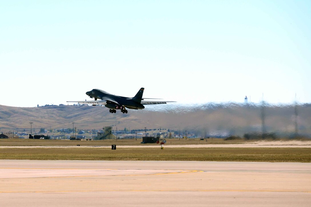 A B-1 takes off to participate in Combat Raider 19-1 at Ellsworth Air Force Base, S.D., Oct. 17, 2018. During Combat Raider 19-1, all three types of bombers flew together over the Powder River Training Complex for the first time. All 8th Air Force bases were represented in the exercise. (U.S. Air Force photo by Tech. Sgt. Jette Carr)