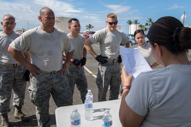 U.S. Air Force Senior Master Sgt. Isabel Spiker tests members of the Air Force Reserve’s 48th Aerial Port Squadron on their career field knowledge during a training exercise designed to perfect their skills as air transportation specialists Oct. 13, 2018, at Joint Base Pearl Harbor-Hickam, Hawaii. The 48th APS, which is part of the 624th Regional Support Group, deploys qualified personnel to provide air terminal operations worldwide in support of contingency operations, exercises, unit moves, and foreign humanitarian relief or disaster operations. (U.S. Air Force photo by Master Sgt. Theanne Herrmann)
