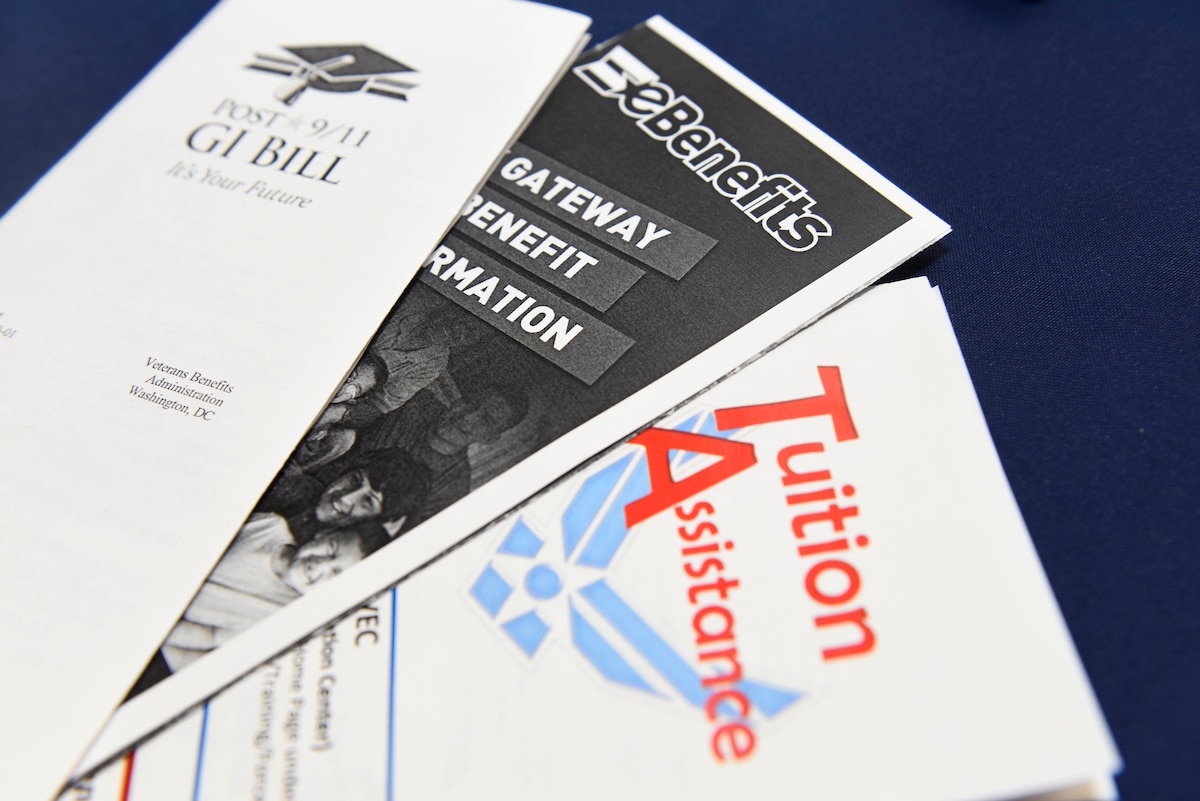Pamphlets regarding educational benefits are displayed as part of the 2018 Fairchild Air Force Base Education Fair at Fairchild Air Force Base, Washington, Oct. 18, 2018. The education fair provided information regarding Tuition Assistance and other education benefits available to Airmen looking to further their education. (U.S. Air Force photo/ Airman 1st Class Lawrence Sena)