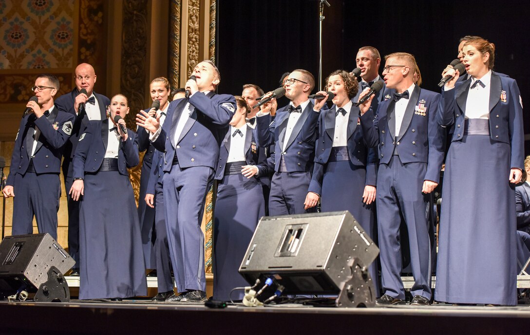 U.S. Air Force Singing Sergeants performs “Blue Skies” during the Air Force band concert at the Murphey Performance Hall in San Angelo, Texas, Oct. 22, 2018. The Singing Sergeants is the official chorus of the United States Air Force. (U.S. Air Force photo by Aryn Lockhart/Released)