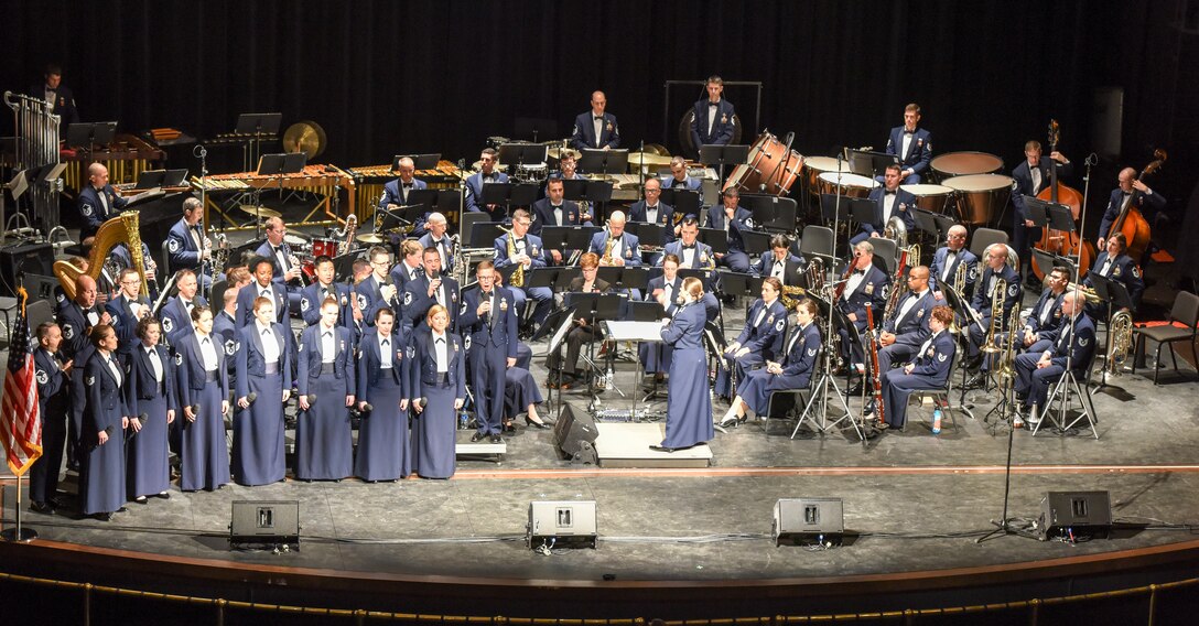 The U.S. Air Force Concert Band and the Singing Sergeants performed on stage at Murphey Performance Hall in San Angelo, Texas, Oct. 22, 2018. The Concert Band and Singing Sergeants are two of six performing ensembles within the Air Force Band. (U.S. Air Force photo by Aryn Lockhart/Released)