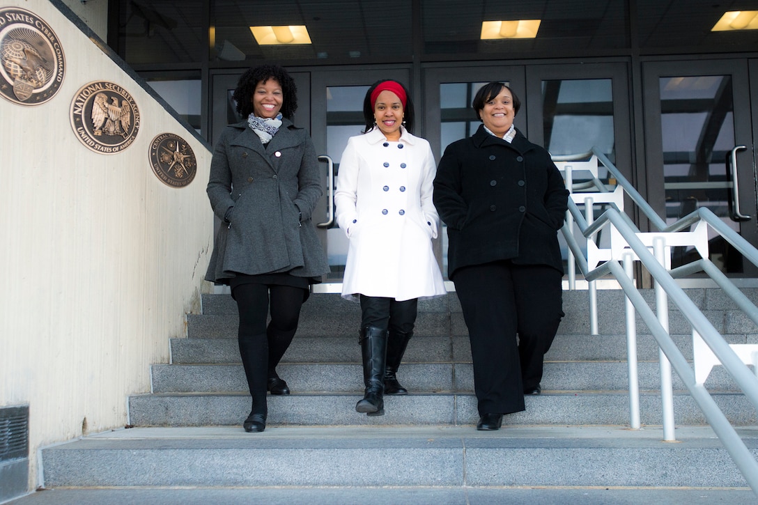 (L to R) Dr. Aziza Jefferson, Dr. Valerie Nelson, and Dr. Philicity Williams in front of NSA's Fort Meade Headquarters