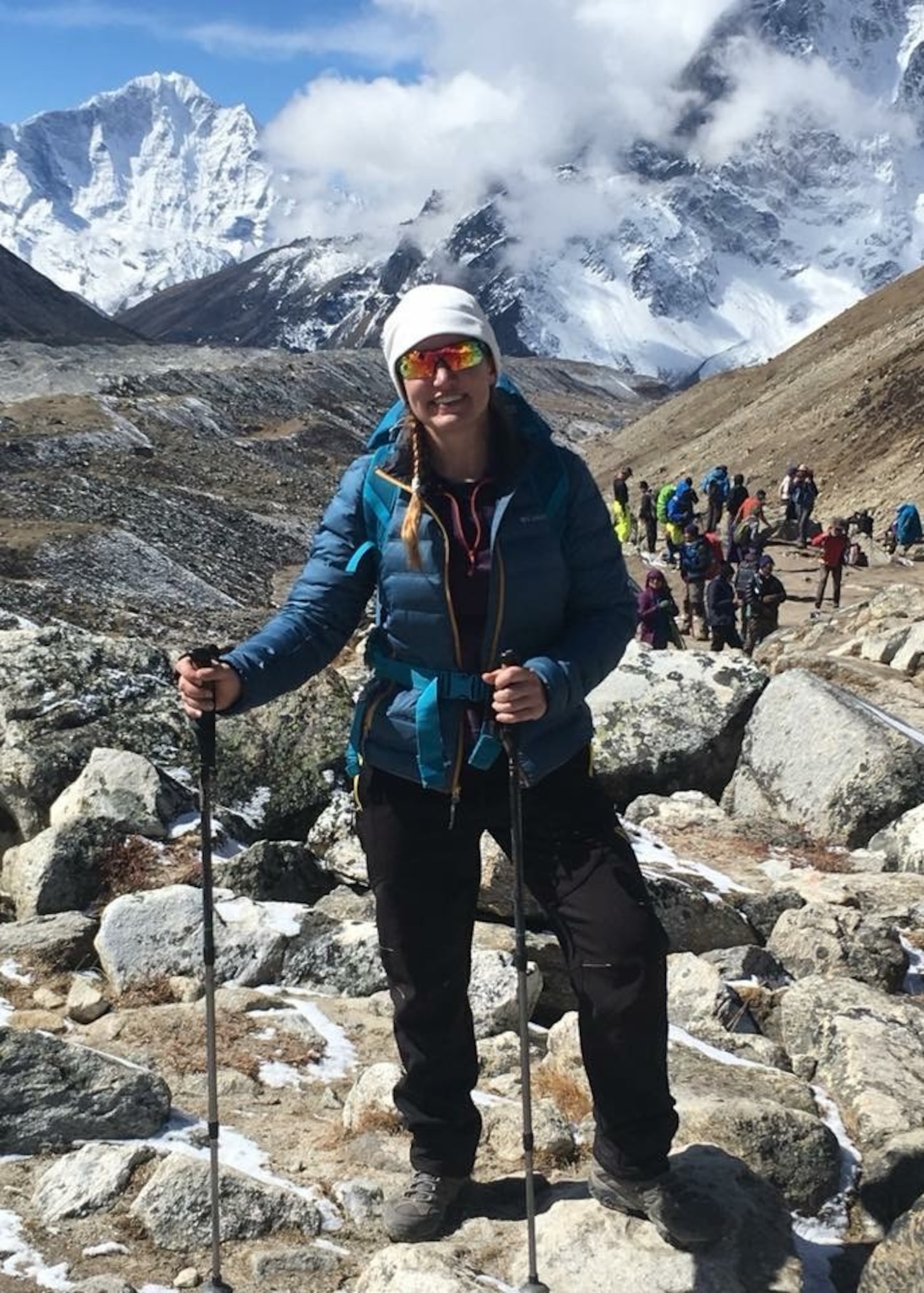 U.S. Air Force Master Sgt. Amber Houston poses for a photo while climbing to South Base Camp, Mount Everest, April 13, 2018.