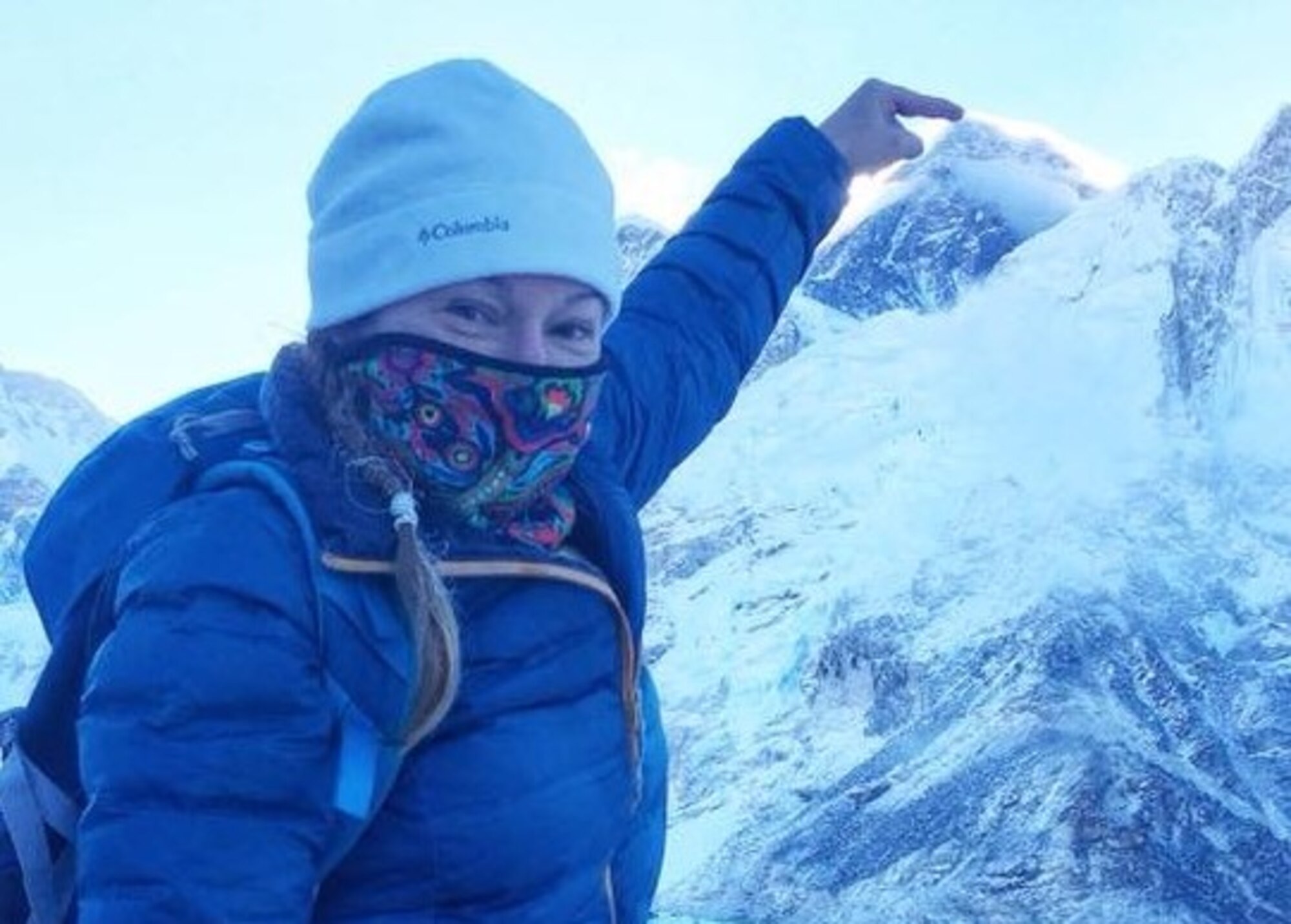 U.S. Air Force Master Sgt. Amber Houston, 39th Wing Staff Agency superintendent, points to the summit of Mount Everest, April 13, 2018.