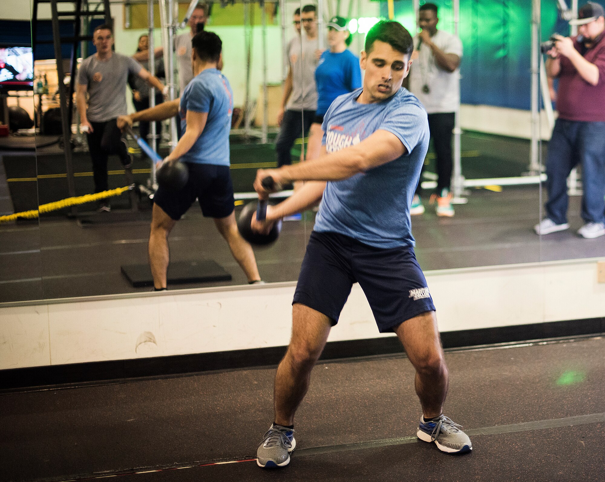 U.S. Air Force Senior Airman Luke Milano, 100th Air Refueling Wing Public Affairs photojournalist, performs a hammer power slam during the Alpha Warrior Regional competition at RAF Lakenheath, England, Oct. 20, 2018. The top 50 competitors throughout the Air Force earn a spot at the Alpha Warrior finals in San Antonio. (U.S. Air Force photo by Tech. Sgt. Emerson Nuñez)