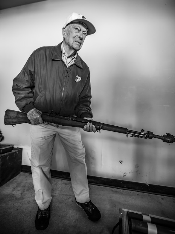 U.S Marine veteran, Angus Deming, holds an M-1 Garand during a weapons and explosive demonstration hosted by Explosive Ordnance and Disposal group, Marine Corps Base Quantico, Oct. 18, 2018. The demonstration was held for the reunion of The Basic School’s first special basic class of 1950, some of whom served together in Korea.