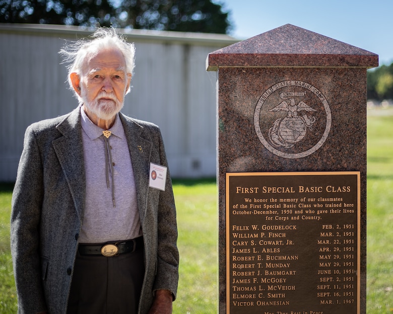 U.S Marine veteran, Blair Mckenzie, poses for a photo next to his class memorial, Marine Corps Base Quantico, Oct. 18, 2018. The service members got together for the reunion of The Basic School’s first special basic class of 1950, some of whom served together in Korea.