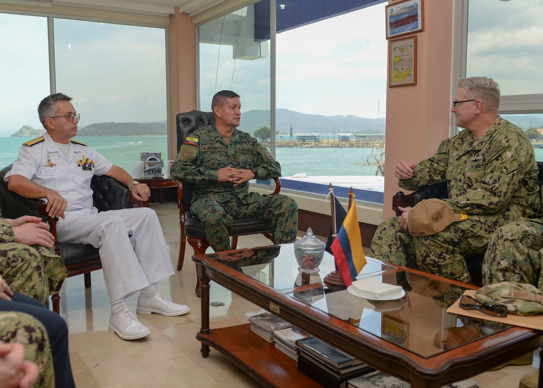 Capt. William Shafley, commander, Task Force 49 (right), meets with Ecuadorian Army Brig. Gen Franklin Gustavo Acosta, commander, Joint Task Force Esmeraldas (center), and Ecuadorian Navy Rear Adm. John Merlo, commander, Naval Forces North, at Naval Base Esmeraldas, Ecuador.