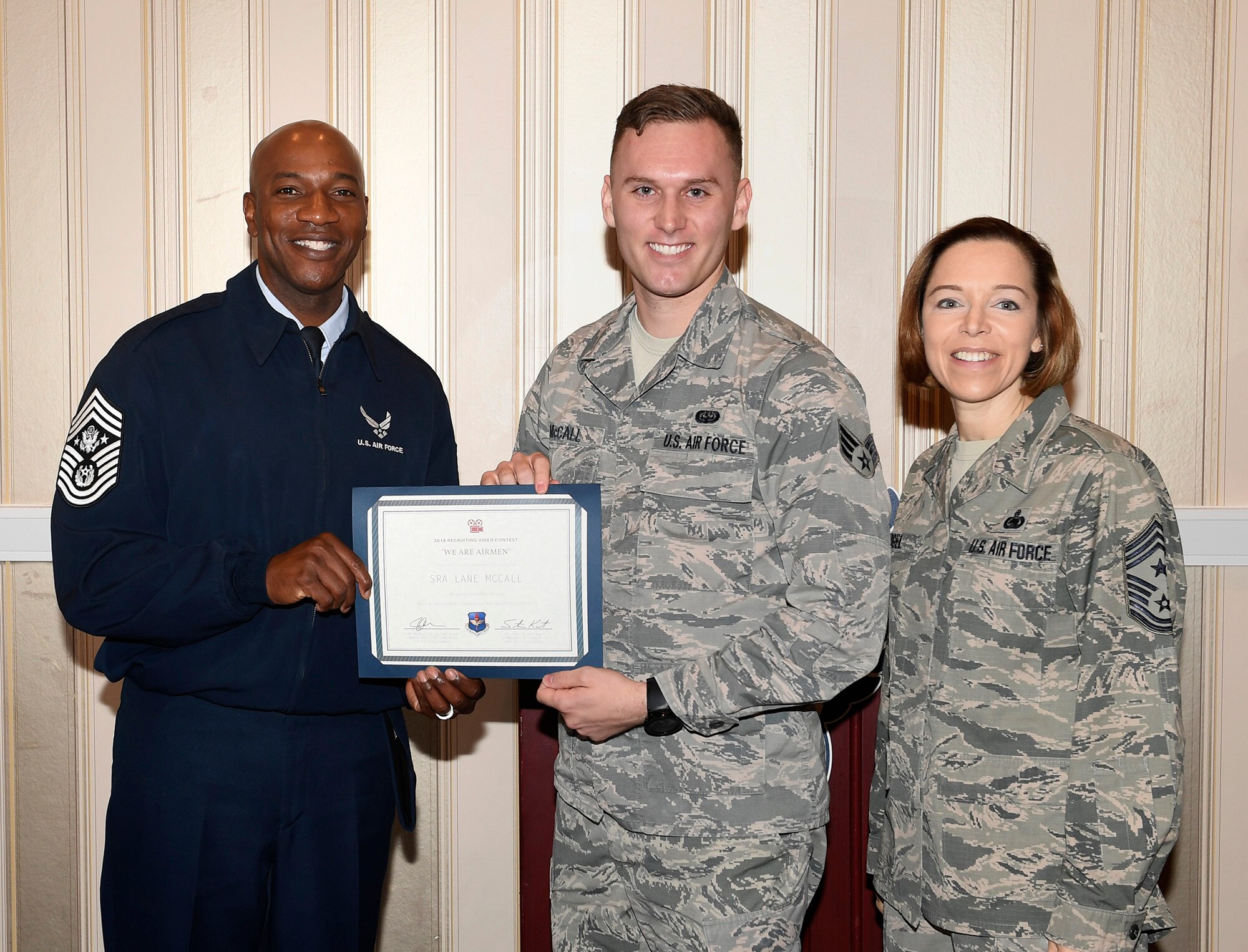 U.S. Air Force Senior Airman Lane McCall, 86th Communications Squadron client systems technician, receives his award after winning the Air Force’s We Are Airmen: Recruiting Video Contest at Washington, D.C., Sept. 17, 2018. McCall creates multimedia productions as a hobby, and runs a social media page where he publishes his products.
