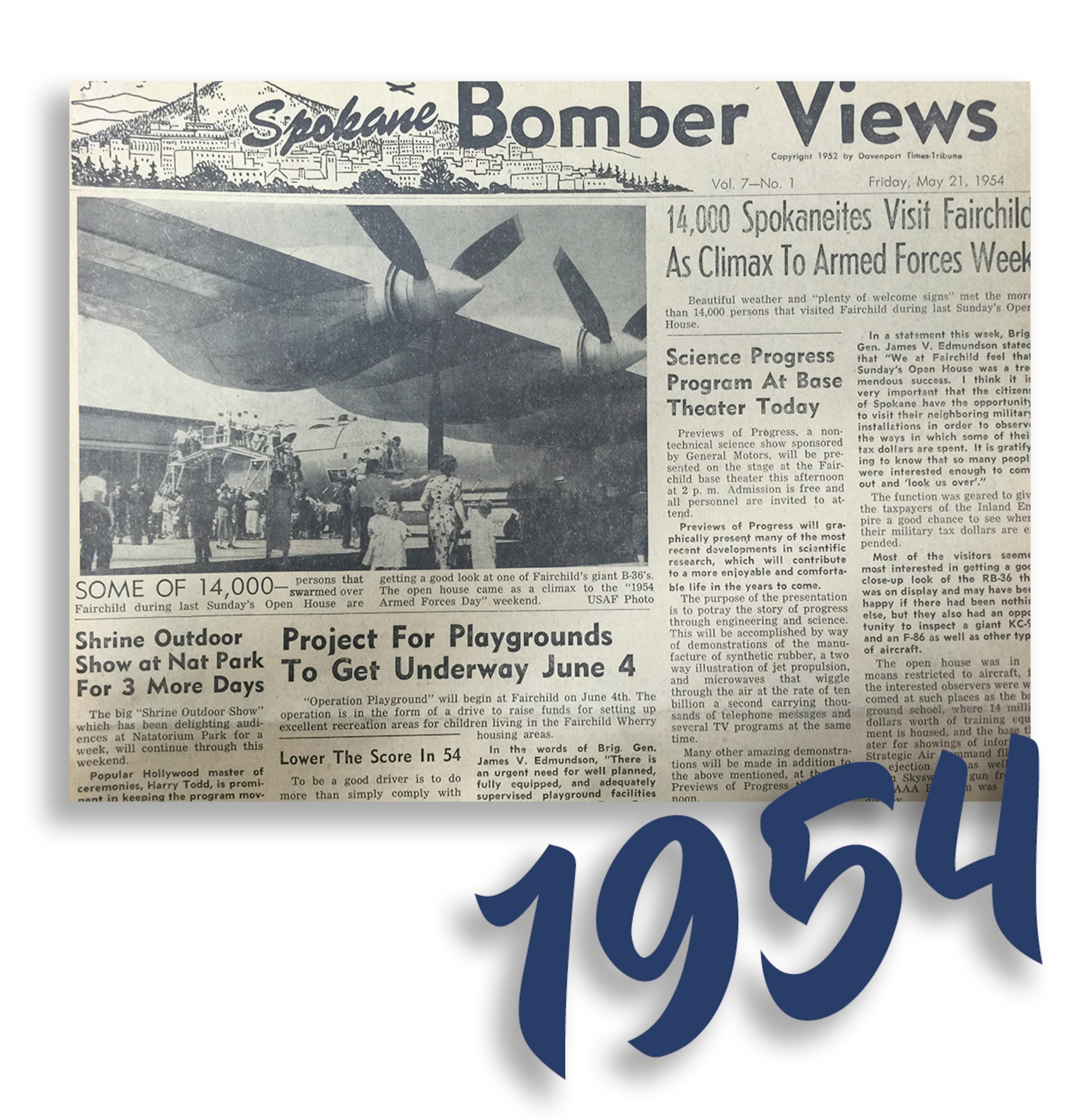 Spokane Bomber Views, Vol. 7 - No. 1, published Friday, May 21, 1954. "14,000 Spokaneites Visit Fairchild As Climax To Armed Forces Week." (Courtesy Photo)