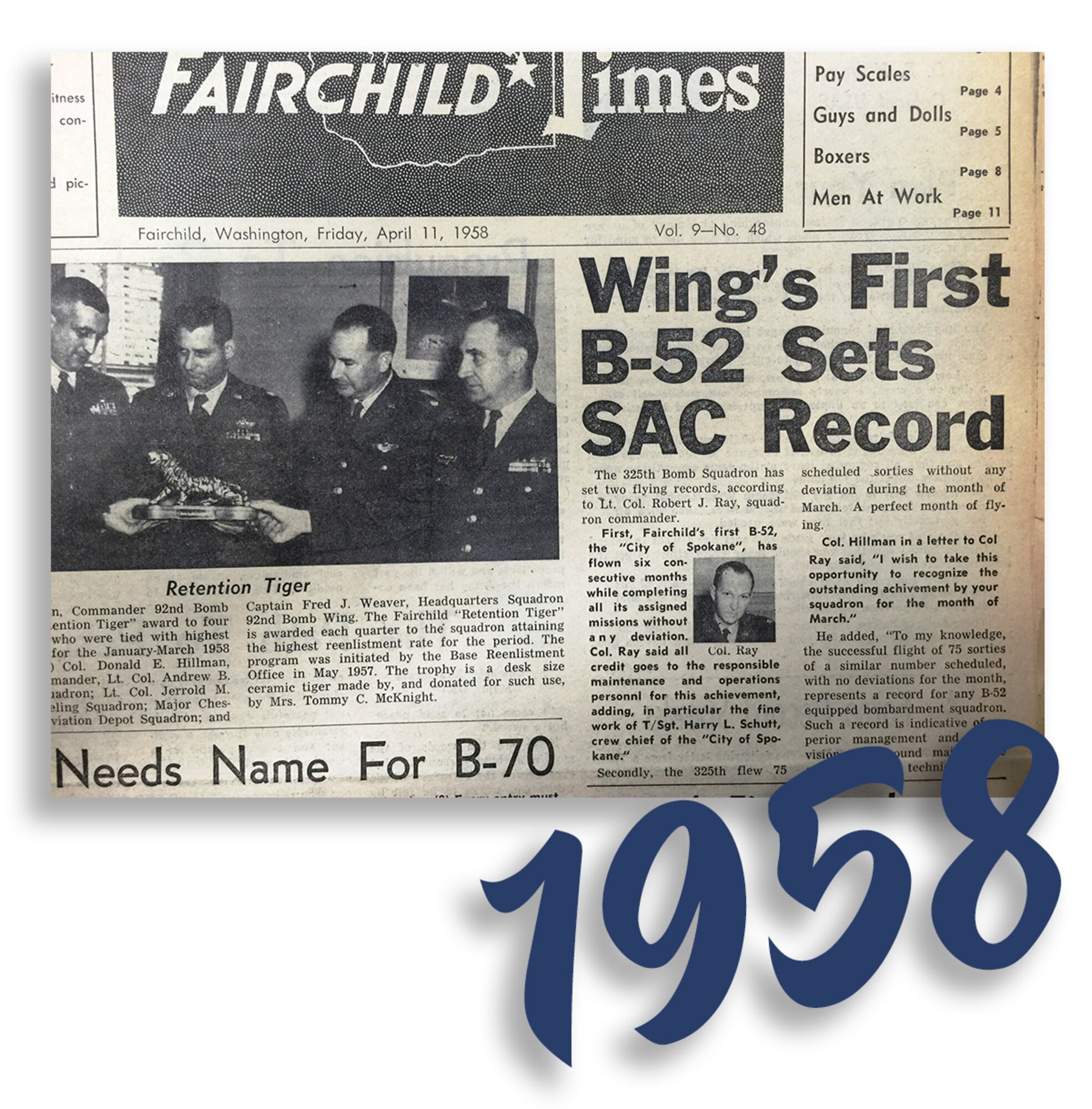Fairchild Times, Vol. 9 - No. 48, published Friday, April 11, 1958. "Wing's First B-52 Sets SAC Record." (Courtesy Photo)