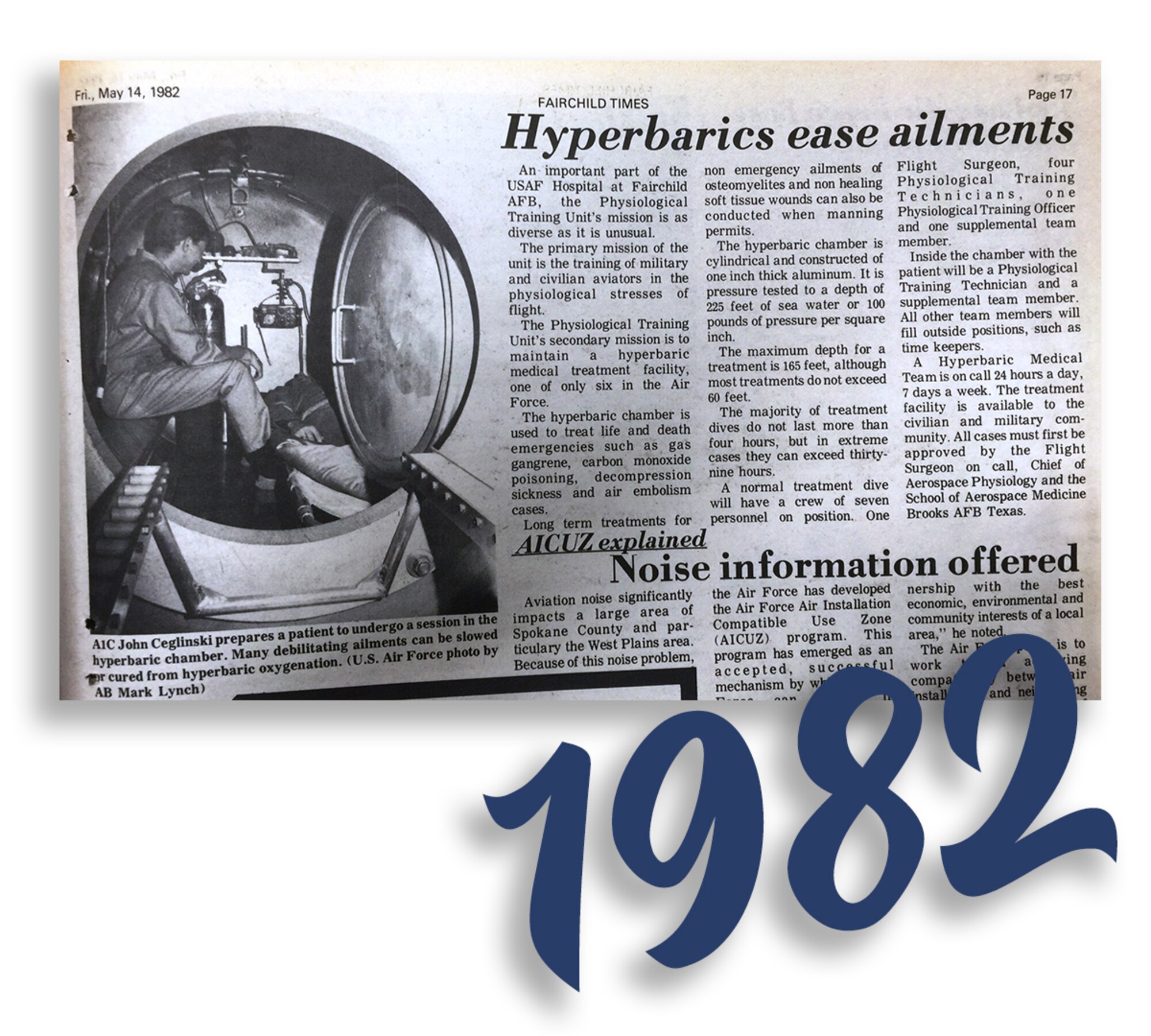 Fairchild Times, published Friday, May 14, 1982. "Hyperbarics ease ailments." (Courtesy Photo)