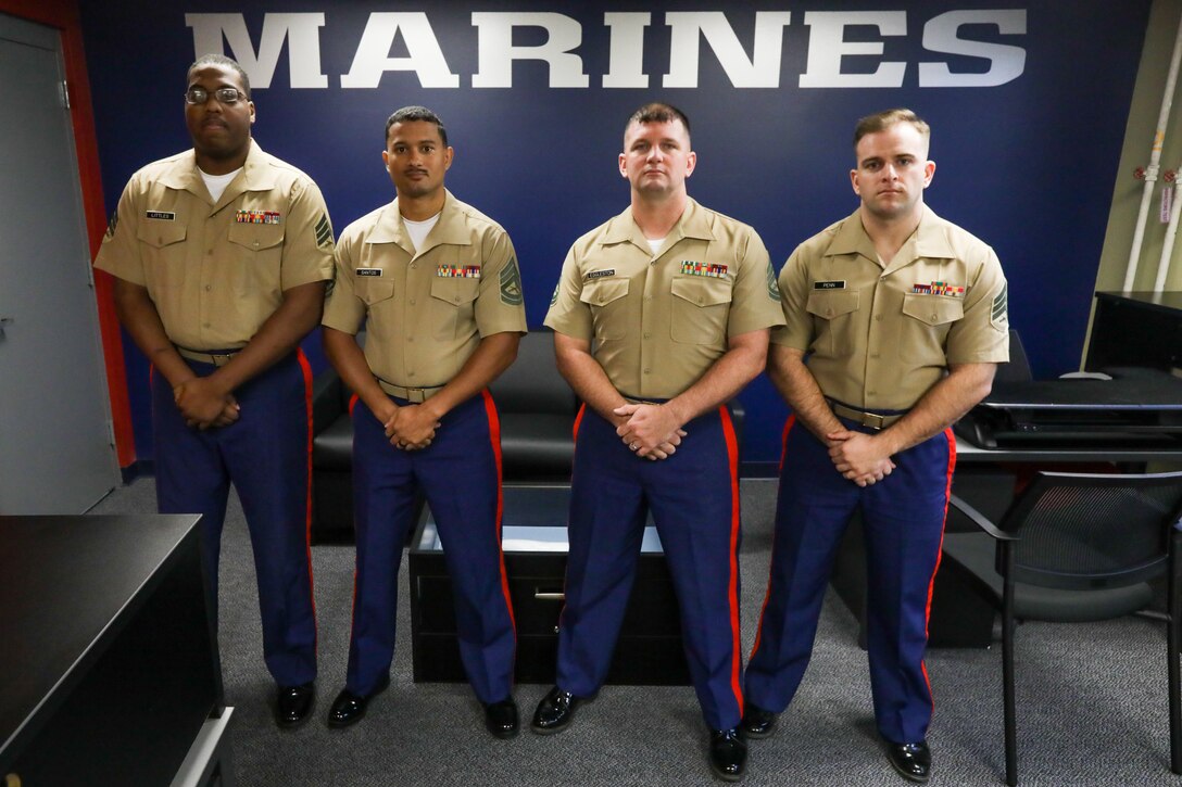 U.S. Marines with prior service recruiting pose for a group photo during a grand opening ceremony on Naval Air Station Joint Reserve Base, in Fort Worth, Texas Oct. 15. 2018. The grand opening ceremony commemorates the opening of new office space for prior service recruiters on NAS JRB. The office space will assist the unit in its mission to recruit prior service members in support of the 8th Marine Corps District’s recruiting efforts. (U.S. Marine Corps photo by Lance Cpl. Desmond K. Andrews)