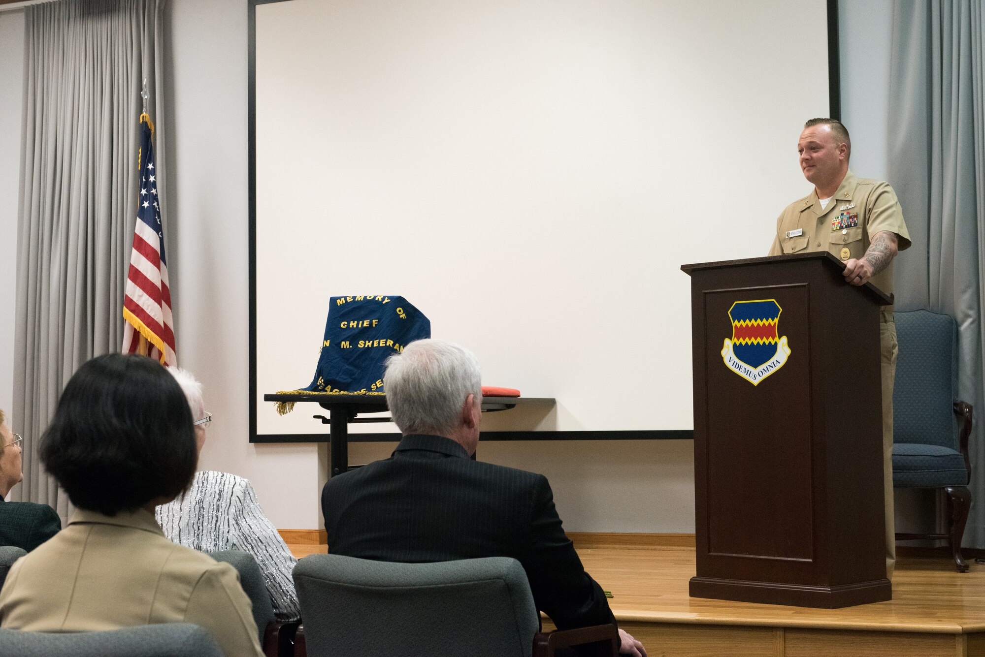 Command Senior Chief Arthur Stoddard, Command Senior Chief for Strategic Communications Wing One - Detachment Offutt, speaks during the Great Plains Chief Petty Officer Association dedication ceremony of their Chief’s Mess at the 55th Operations Support Squadron Oct. 20, 2018.