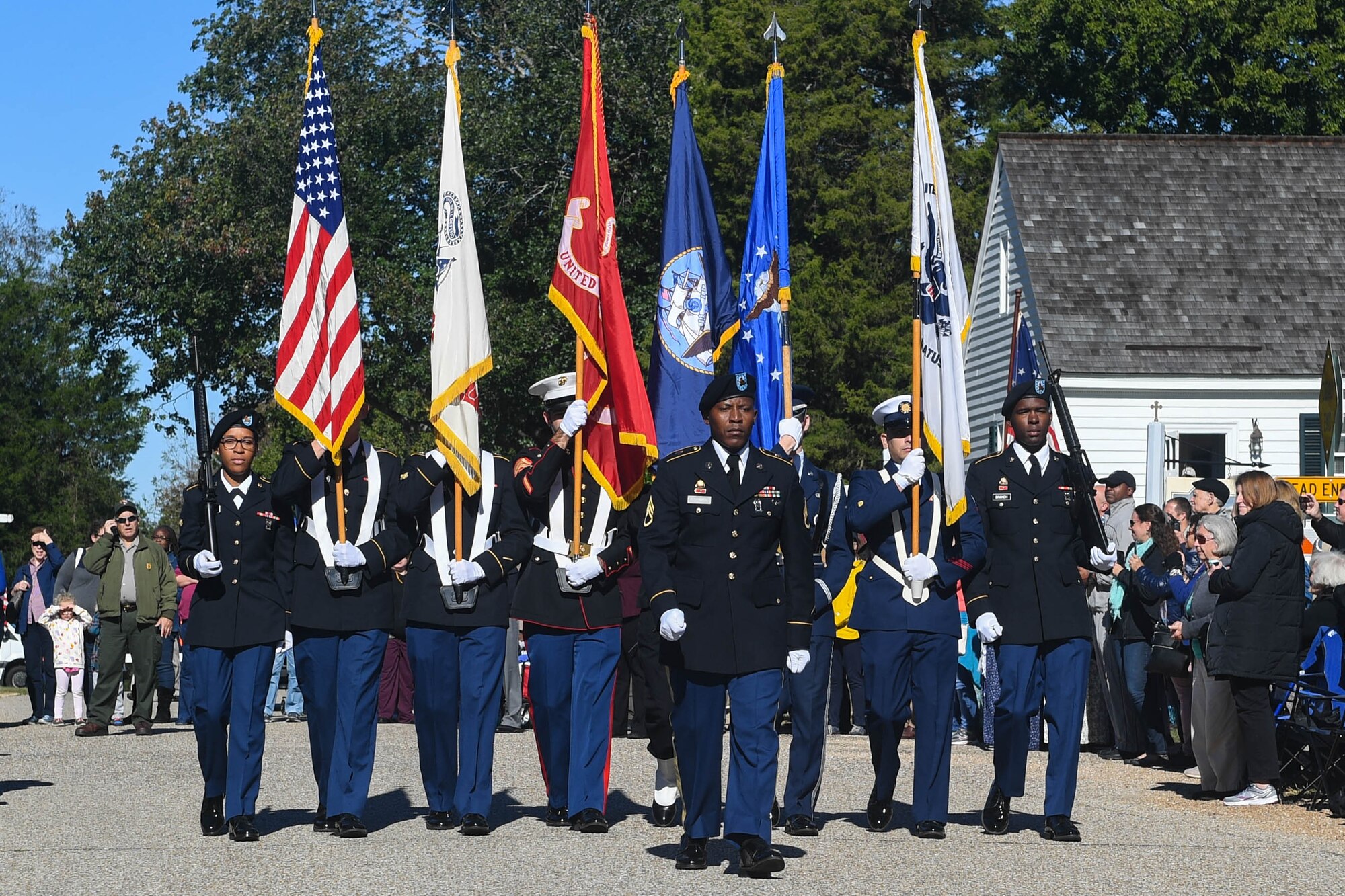 The Joint Service Color Guard marches during the Yorktown Day parade at Colonial National Historical Park in Yorktown, Virginia, Oct. 19, 2018.