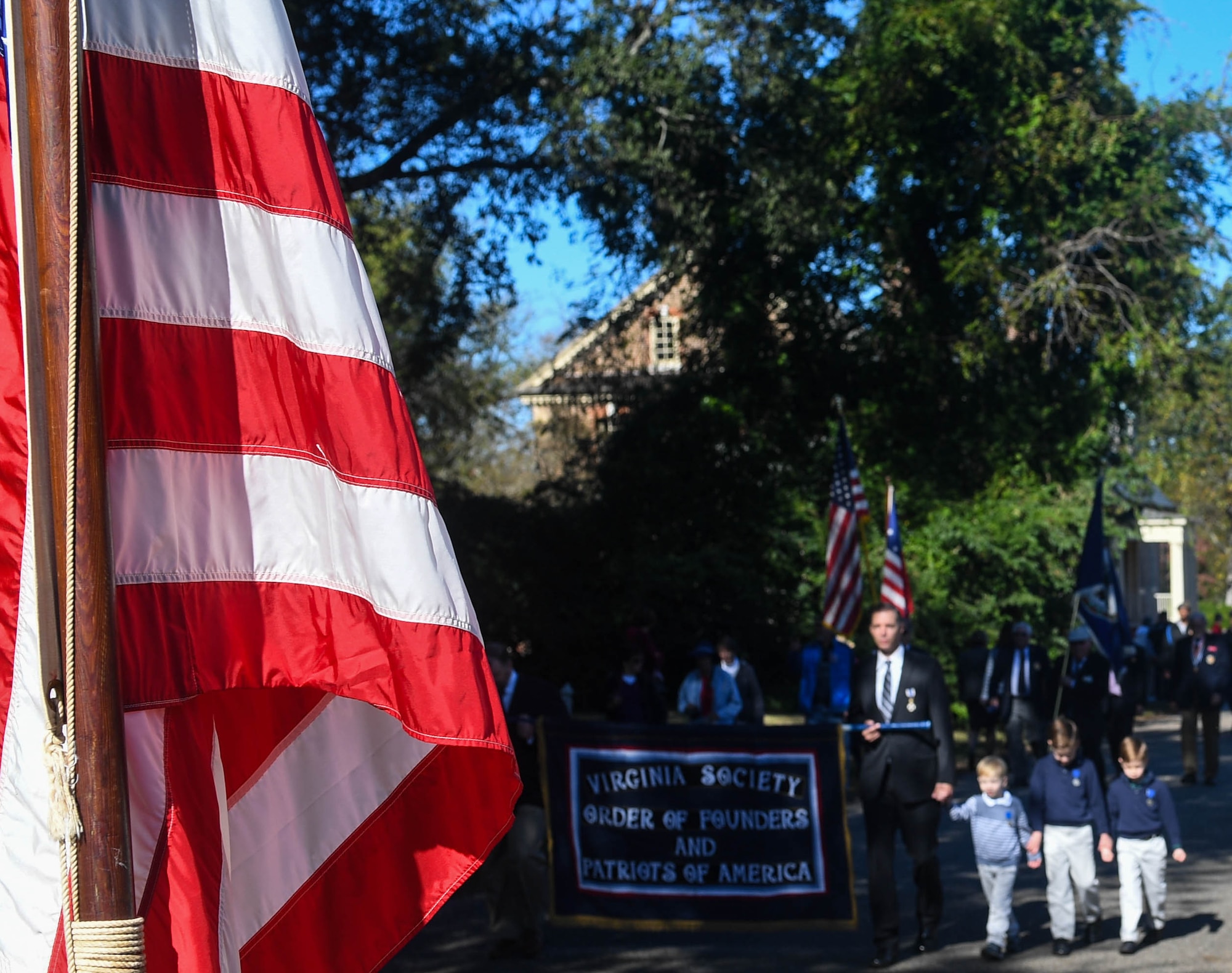 Participants march during the Yorktown Day parade at Colonial National Historical Park, Virginia, Oct. 19, 2018.