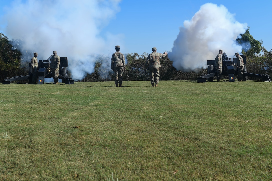 U.S. Army Soldiers fire cannons during the Yorktown Day parade at Colonial National Historic Park, Virginia, Oct. 19, 2018.