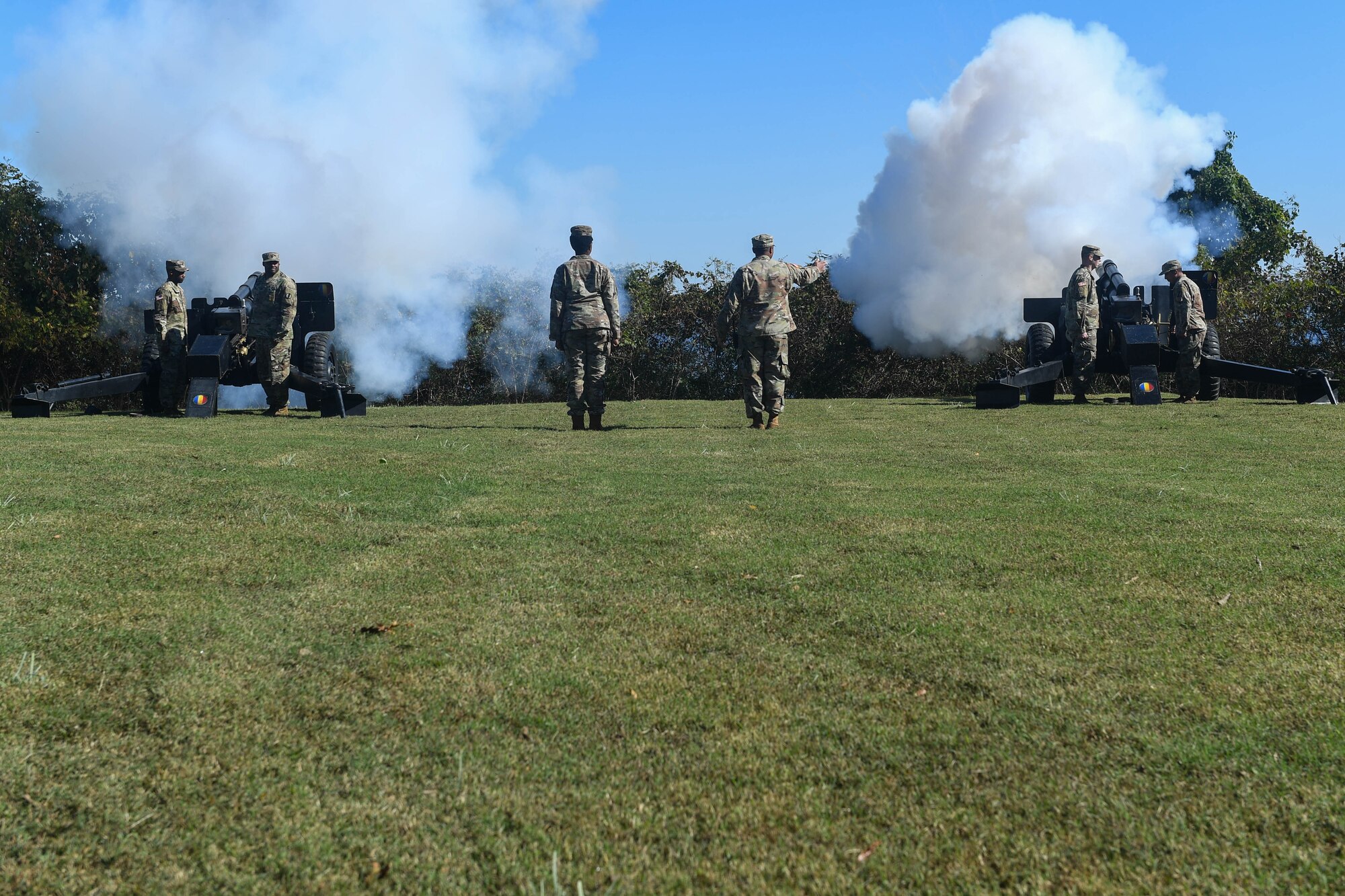 U.S. Army Soldiers fire cannons during the Yorktown Day parade at Colonial National Historic Park, Virginia, Oct. 19, 2018.