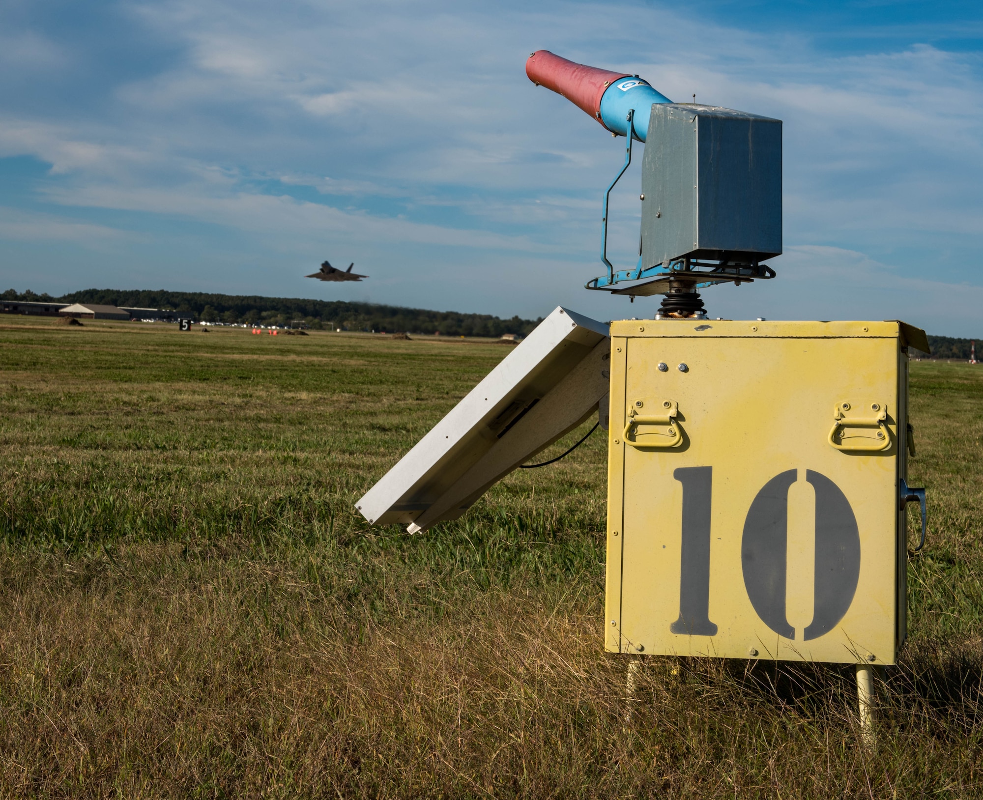 A U.S. Air Force F-22 Raptor takes off at Joint Base Langley-Eustis, Virginia, Oct. 18, 2018.