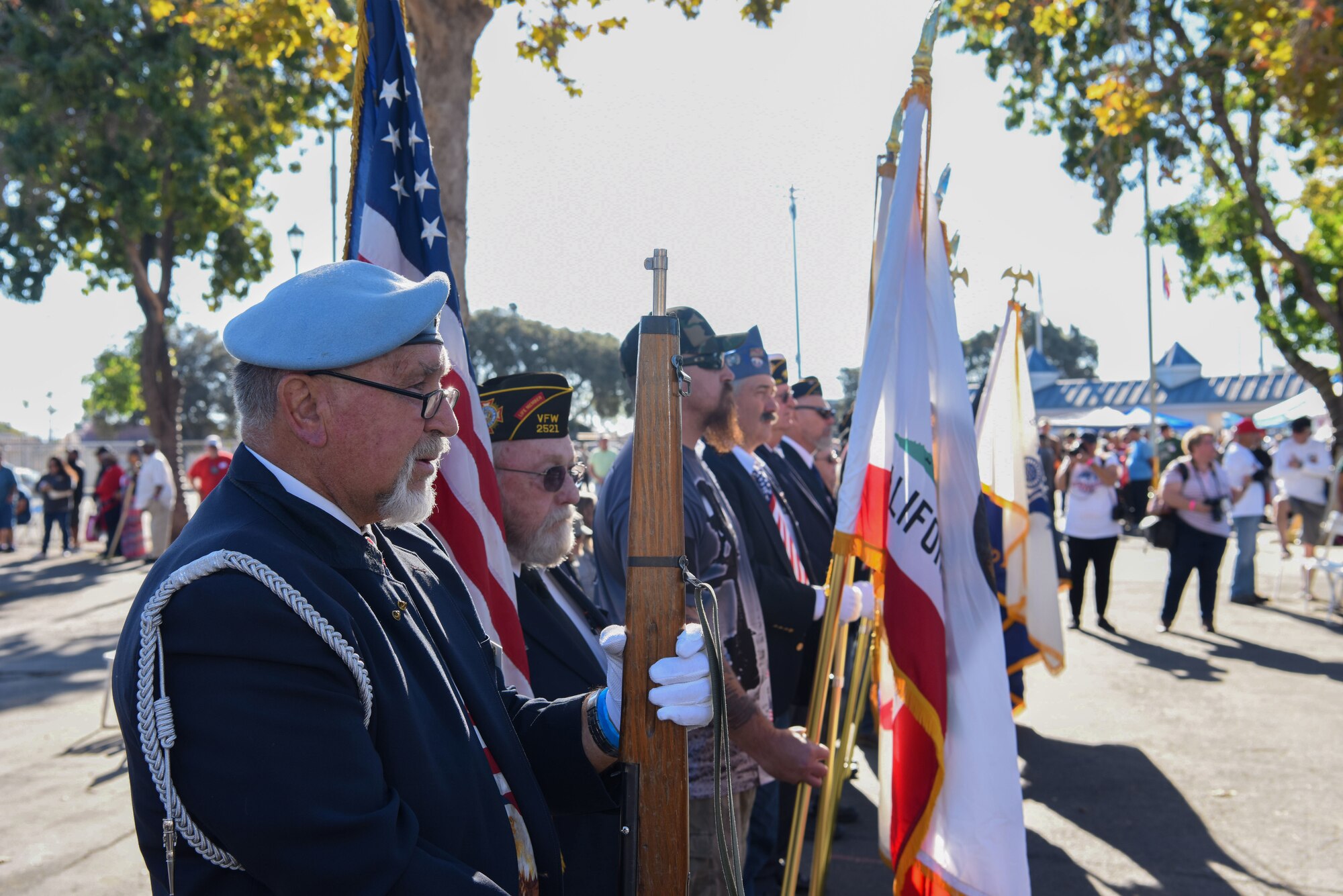 Local veterans post the colors at the Veteran Stand Down event Oct. 20, 2018 at the Santa Maria Fair Grounds, Calif. Posting the colors is a tradition that starts an event, and local veterans had the honor to do it during the Stand Down event.