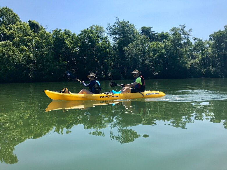 Mark Elson, geologist with the U.S. Army Corps of Engineers Nashville District, and wife Dawn kayak on the Cumberland River in Gainesboro, Tenn., June 16, 2018 on Leg 24 of a 650.4-mile journey of the Cumberland River. The objective of navigating the waterway was to celebrate the 130th Anniversary of the U.S. Army Corps of Engineers Nashville District, reflect on the development of the Cumberland River Basin, remember the past, enjoy the present, and dream about the future of the waterway that is vitally important to the region. (USACE Photo)