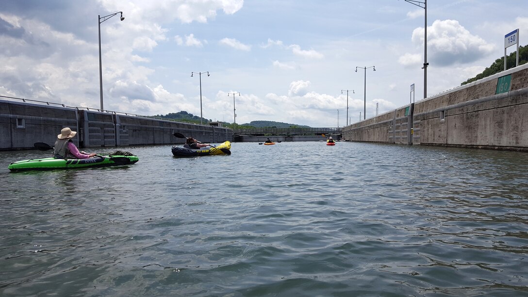 Employees and family members of the U.S. Army Corps of Engineers Nashville District navigate through Cordell Hull Lock in Carthage, Tenn., June 23, 2018 on Leg 28 of a 650.4-mile journey of the Cumberland River. The objective of navigating the waterway was to celebrate the 130th Anniversary of the U.S. Army Corps of Engineers Nashville District, reflect on the development of the Cumberland River Basin, remember the past, enjoy the present, and dream about the future of the waterway that is vitally important to the region. (USACE Photo)