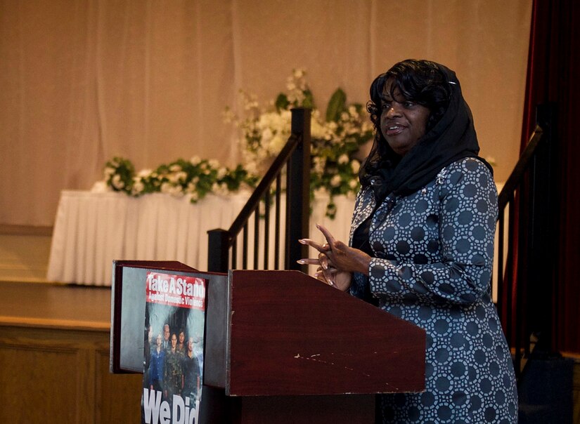 Mildred Muhammad, former wife of “the D.C. sniper” and guest speaker, addresses the audience during a Domestic Violence Awareness Month event Oct. 23, 2018, at the Red Bank Club at Joint Base Charleston – Weapons Station, S.C