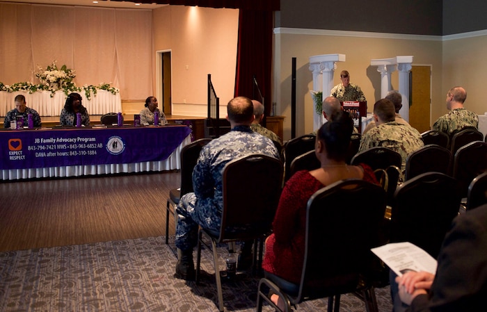 Capt. Kevin Byrne, Joint Base Charleston deputy commander, gives a speech recognizing Domestic Violence Awareness Month Oct. 23, 2018, at the Red Bank Club at Joint Base Charleston – Weapons Station, S.C.  The event was hosted by JB Charleston’s Family Advocacy office and featured Mildred Muhammad, former wife of “the D.C. sniper,” as the keynote speaker. Muhammad shared her experiences to encourage fellow survivors and to shed light on the subject of domestic violence. Muhammad has been recognized throughout military communities for championing the Family Advocacy Program and their mission to educate, promote and end domestic violence in military communities.