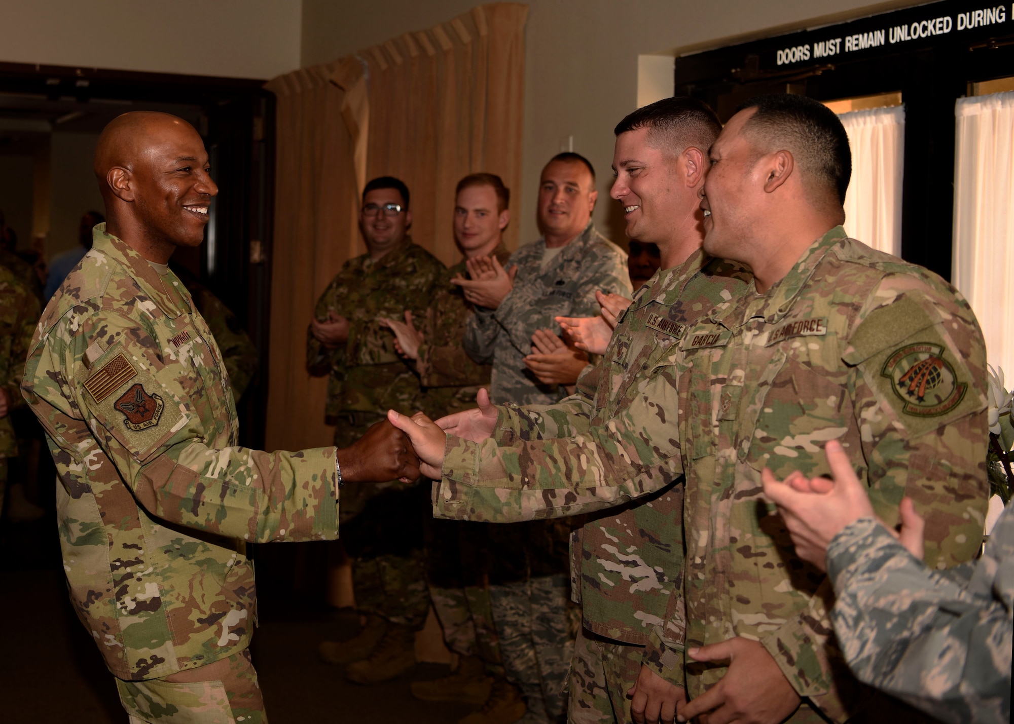 Chief Master Sgt. of the Air Force Kaleth O. Wright meets Airmen during a meet and greet at Club 5/6, Oct. 22, 2018 at Luke Air Force Base, Ariz.