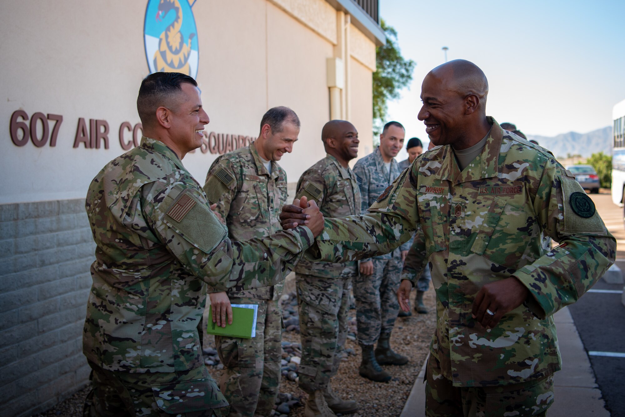 Members from the 607th Air Control Squadron greet Chief Master Sgt. of the Air Force Kaleth O. Wright, Oct. 22, 2018 at Luke Air Force Base, Ariz.